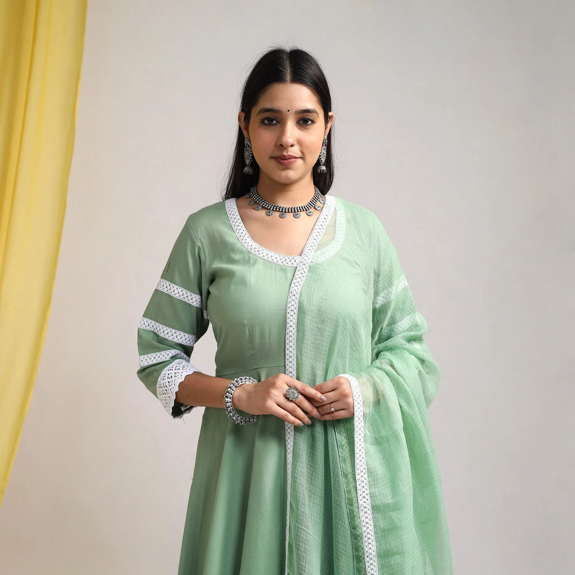 Green - Lace Work Plain Cotton Anarkali Kurta with Dupatta Set 03 sold by Itokri product image thumbnail 2