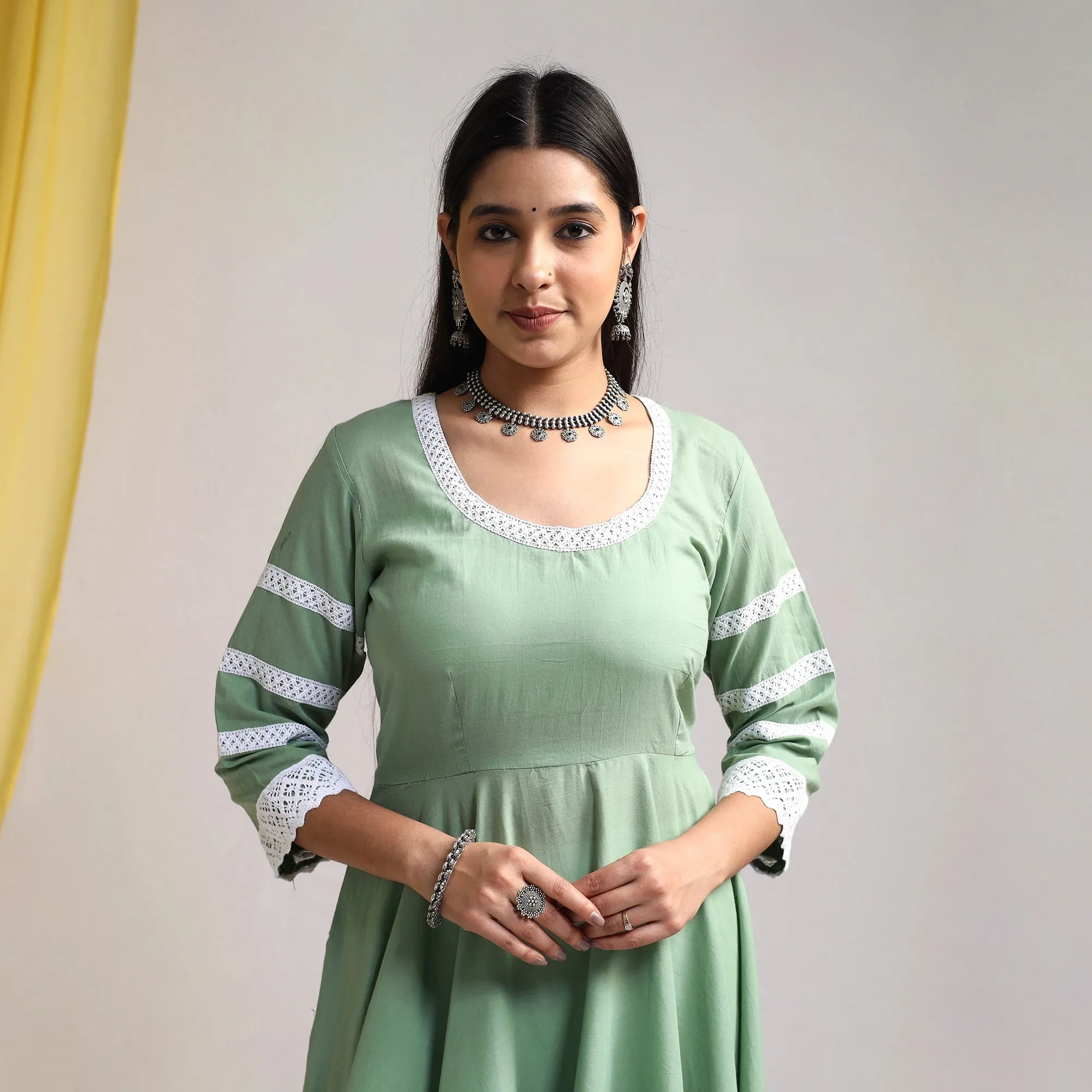 Green - Lace Work Plain Cotton Anarkali Kurta with Dupatta Set 03 sold by Itokri product image thumbnail 4