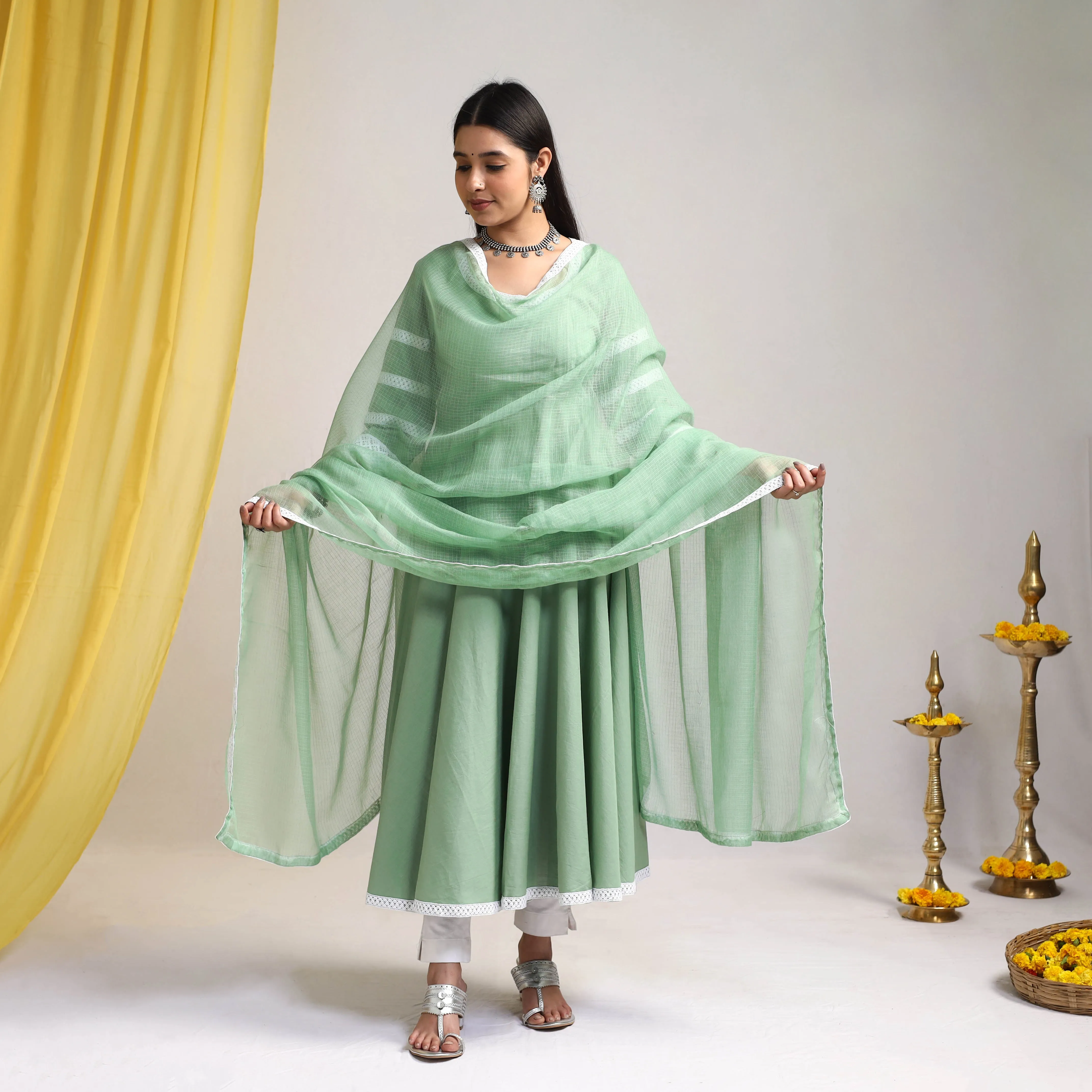 Green - Lace Work Plain Cotton Anarkali Kurta with Dupatta Set 03 sold by Itokri product image thumbnail 3