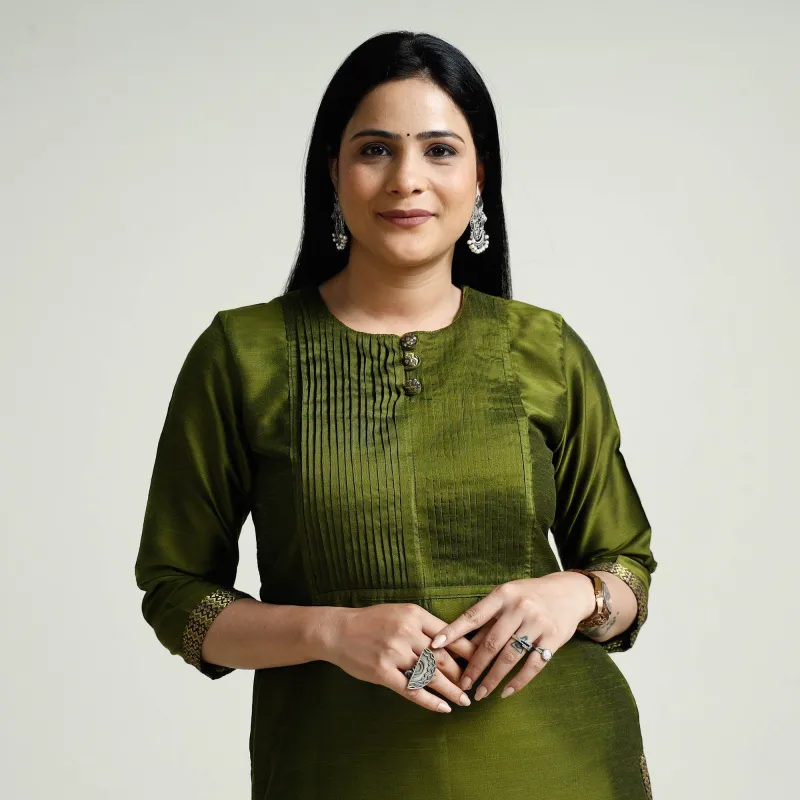 Dark Olive Green - Plain Silk Pintuck Long Kurta sold by Itokri
