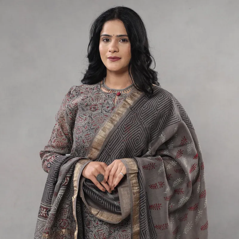Grey - Sanganeri Block Printing Maheshwari Silk Kurta with Palazzo & Dupatta Set sold by Itokri