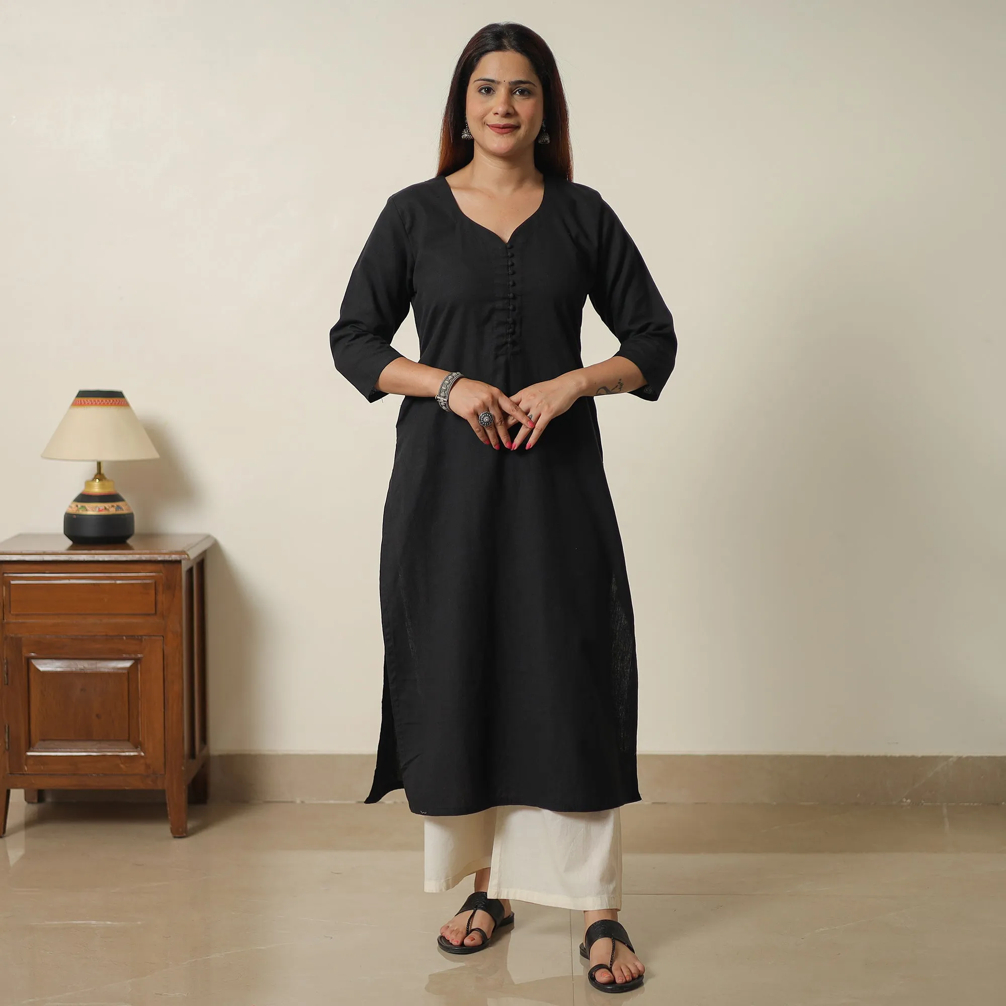 Black - Plain Flex Cotton Straight Kurta 01 sold by Itokri product image thumbnail 3
