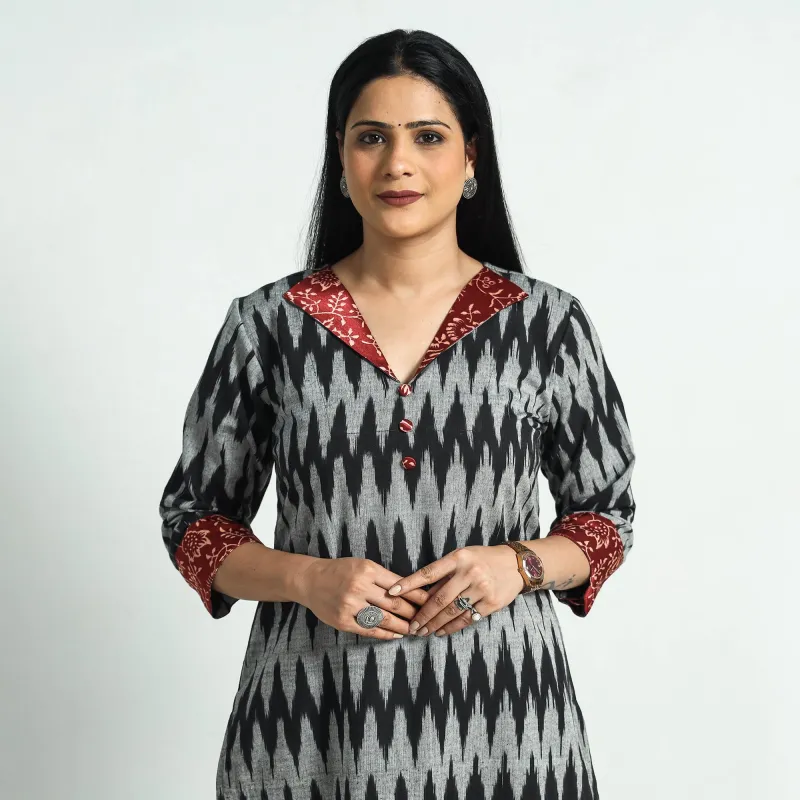 Black - Pochampally Ikat Weave Modal Silk Patchwork Cotton Straight Kurta sold by Itokri