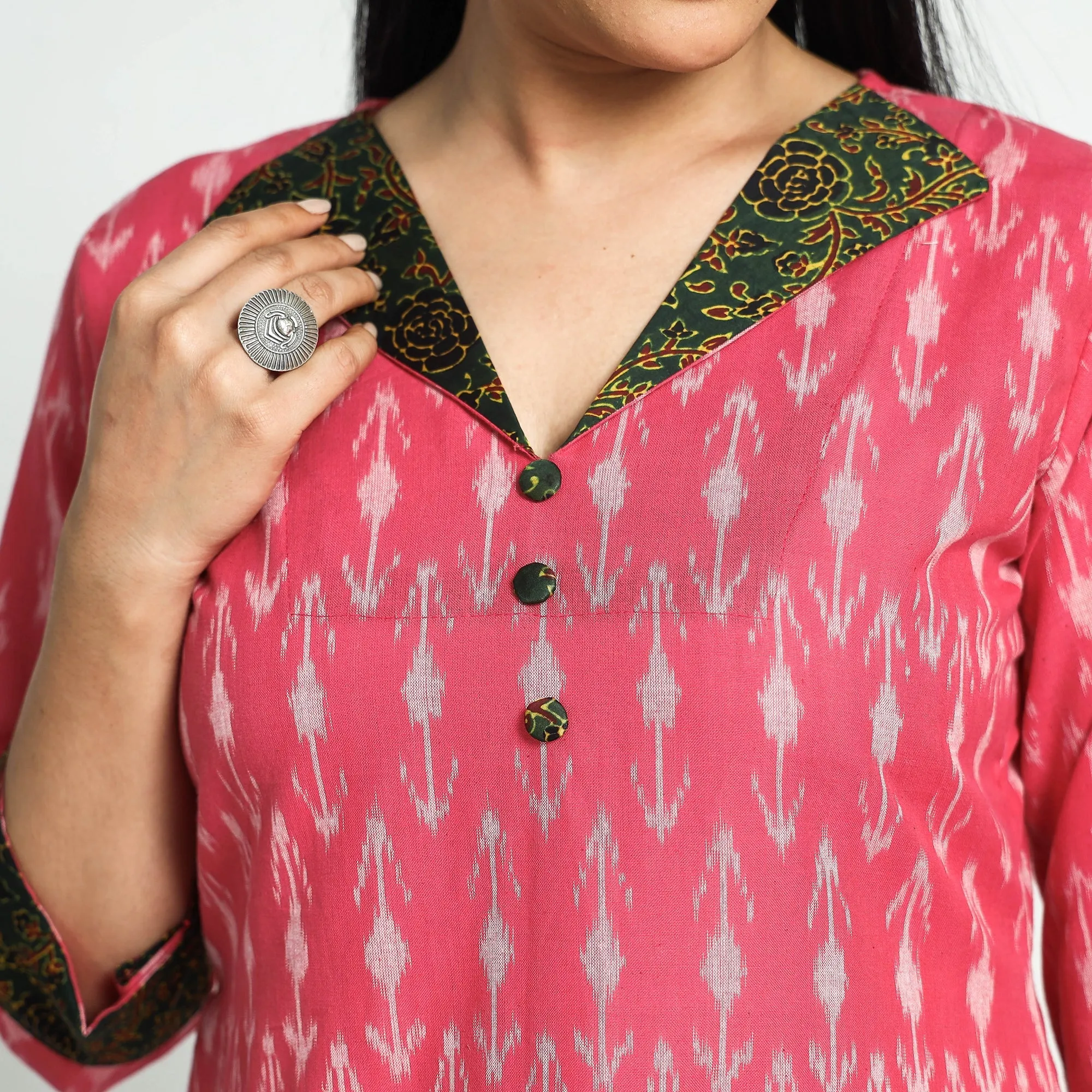 Pink - Special Pochampally Ikat Weave Ajrakh Modal Silk Patchwork Cotton Kurta sold by Itokri product image thumbnail 4