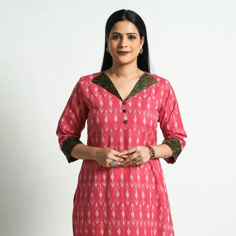 Pink - Special Pochampally Ikat Weave Ajrakh Modal Silk Patchwork Cotton Kurta sold by Itokri