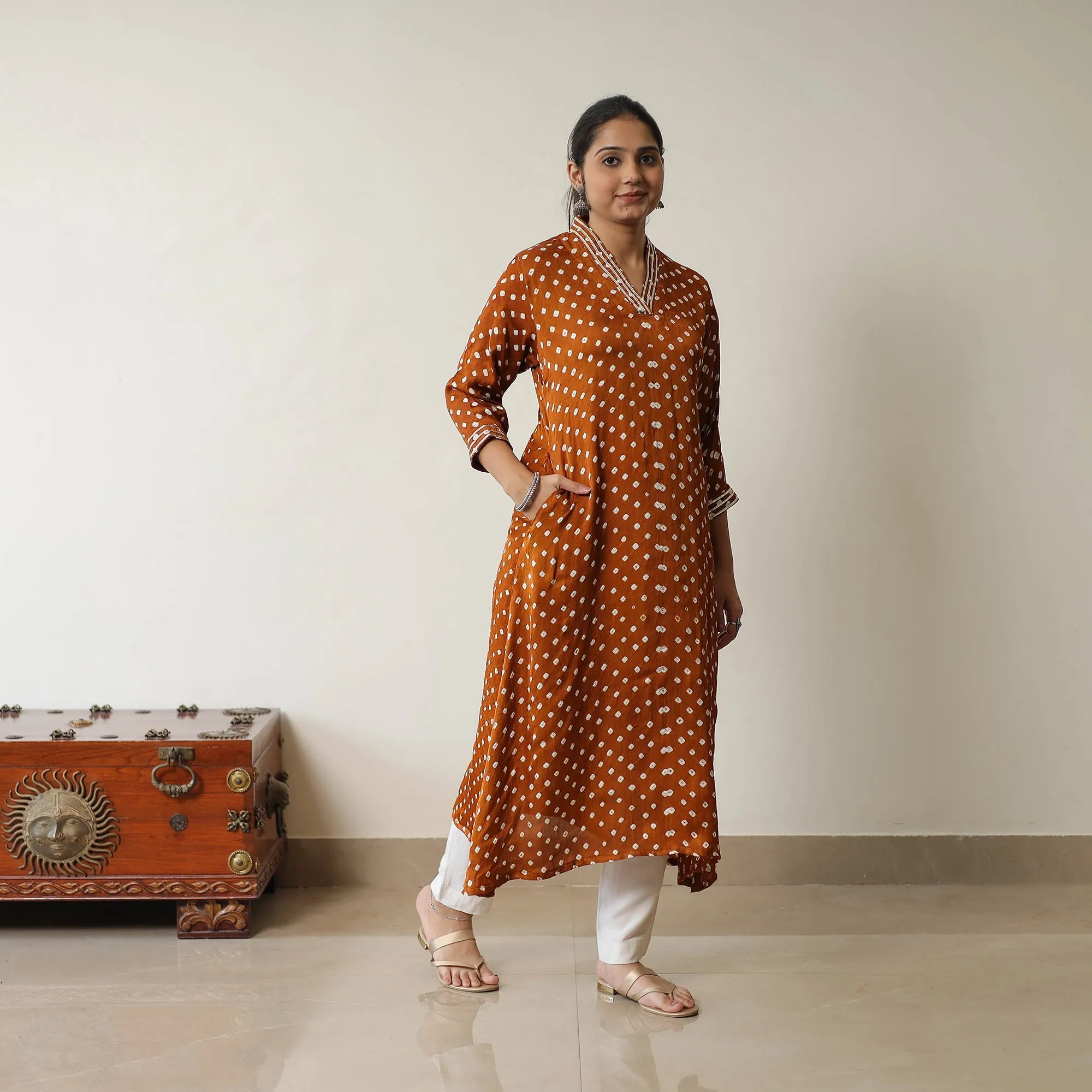 Orange - Tie & dye Modal Silk A-Line Bandhani Kurta 12 sold by Itokri product image thumbnail 3