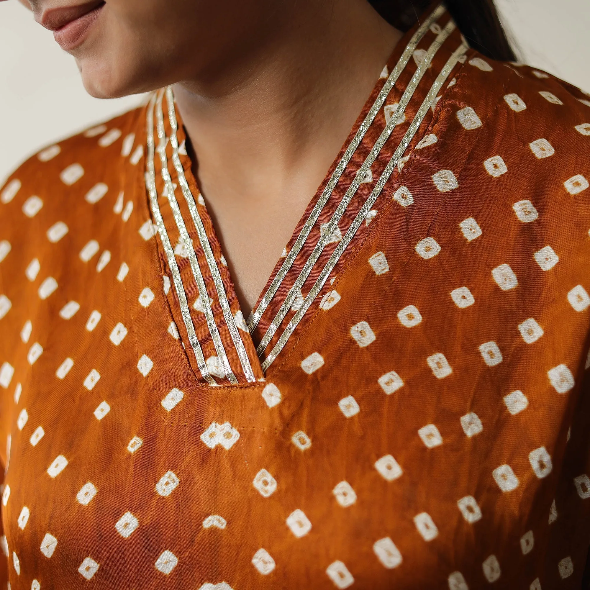 Orange - Tie & dye Modal Silk A-Line Bandhani Kurta 12 sold by Itokri product image thumbnail 5