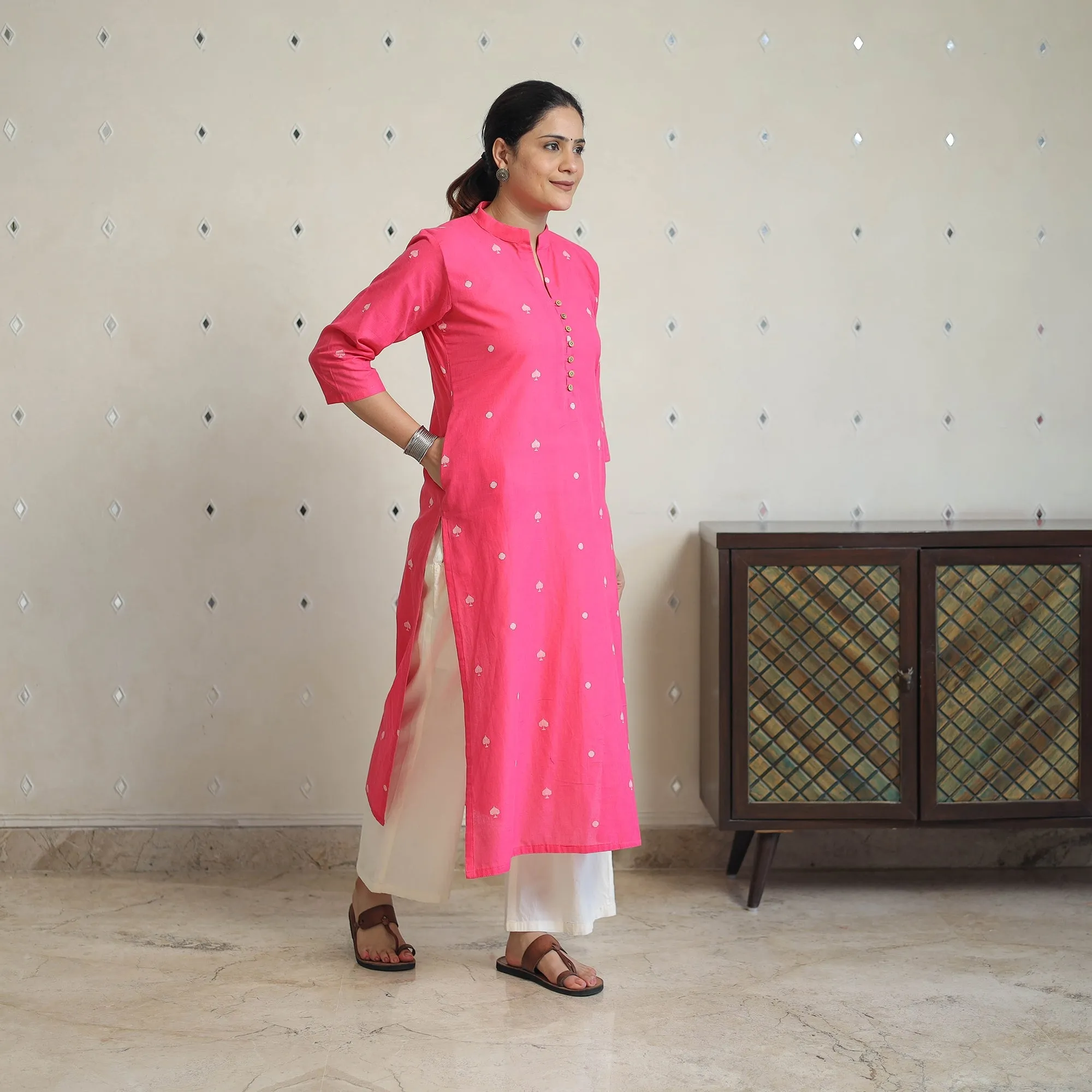 Pink - Jacquard Cotton Straight Kurta 15 sold by Itokri product image thumbnail 3