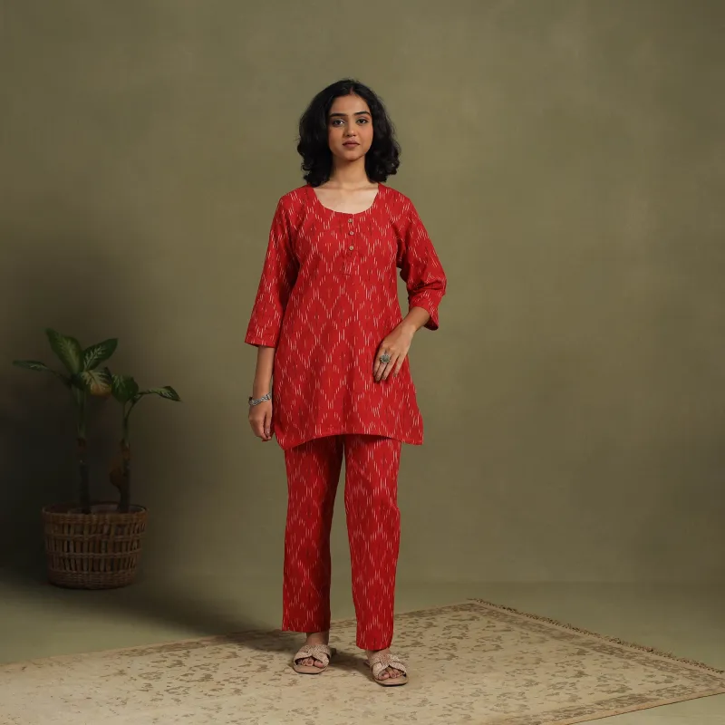 Red - Cotton Pochampally Ikat Night Suit Set 06 sold by Itokri