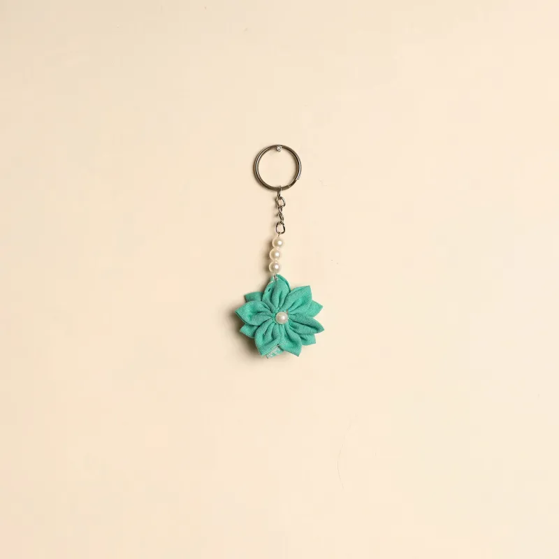 Green - Beaded Fabart Flower Keychain 44 made by Itokri