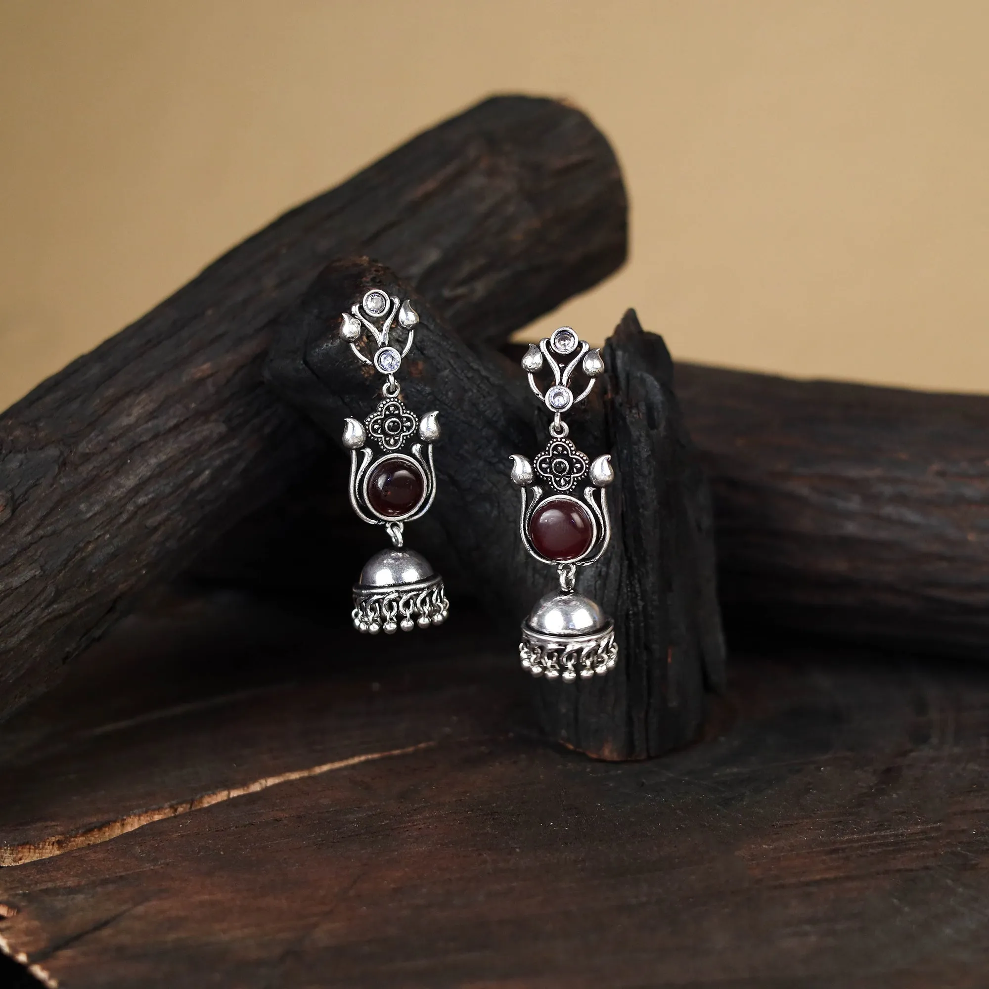 Maroon - Antique Silver Finish Oxidised Stone Work Jhumka Earrings 158 sold by Itokri