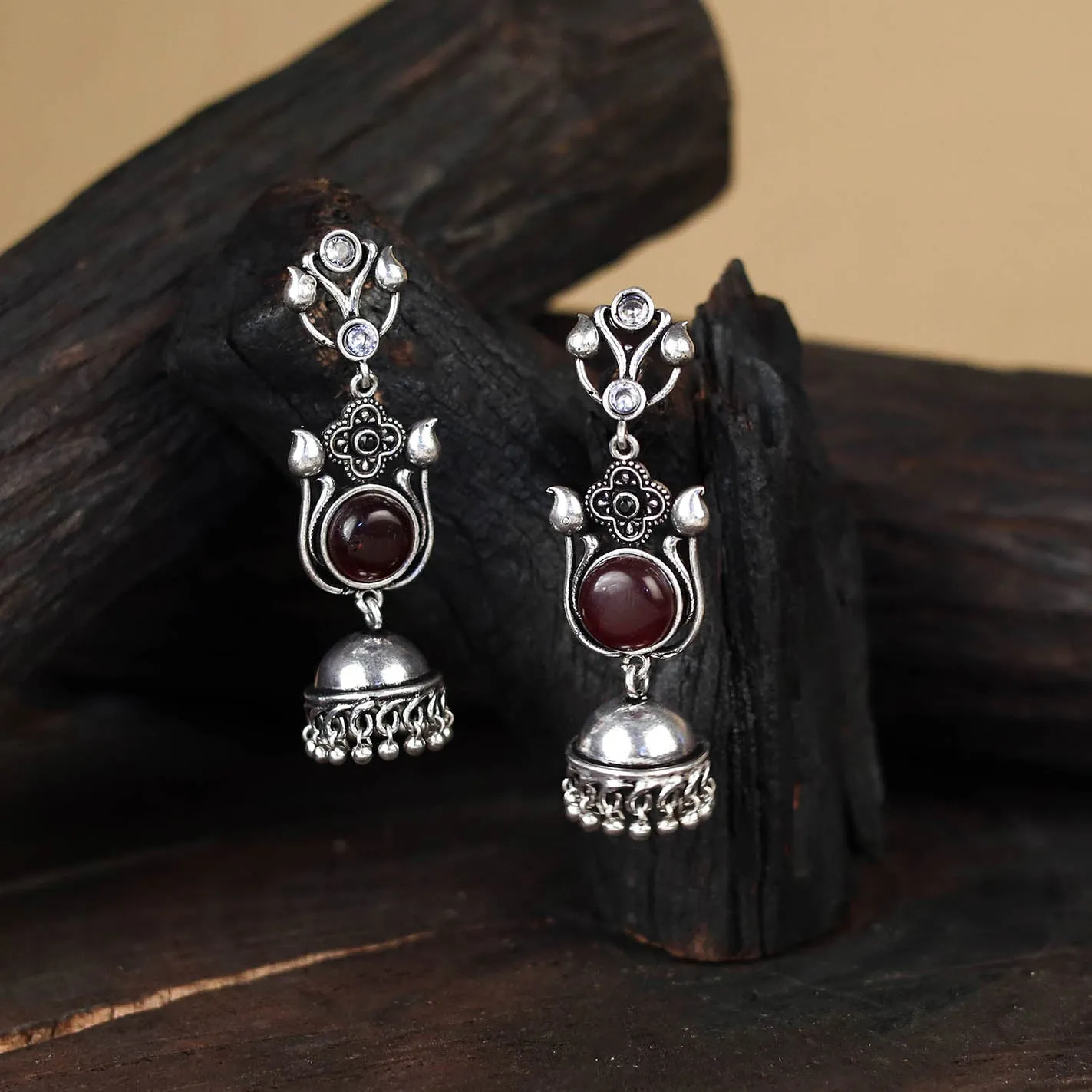 Maroon - Antique Silver Finish Oxidised Stone Work Jhumka Earrings 158 sold by Itokri product image thumbnail 2