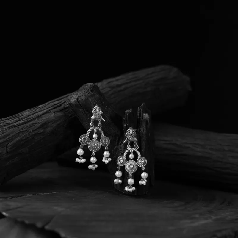 White - Saanjh Bela Sparrow Oxidised Earrings made by Itokri