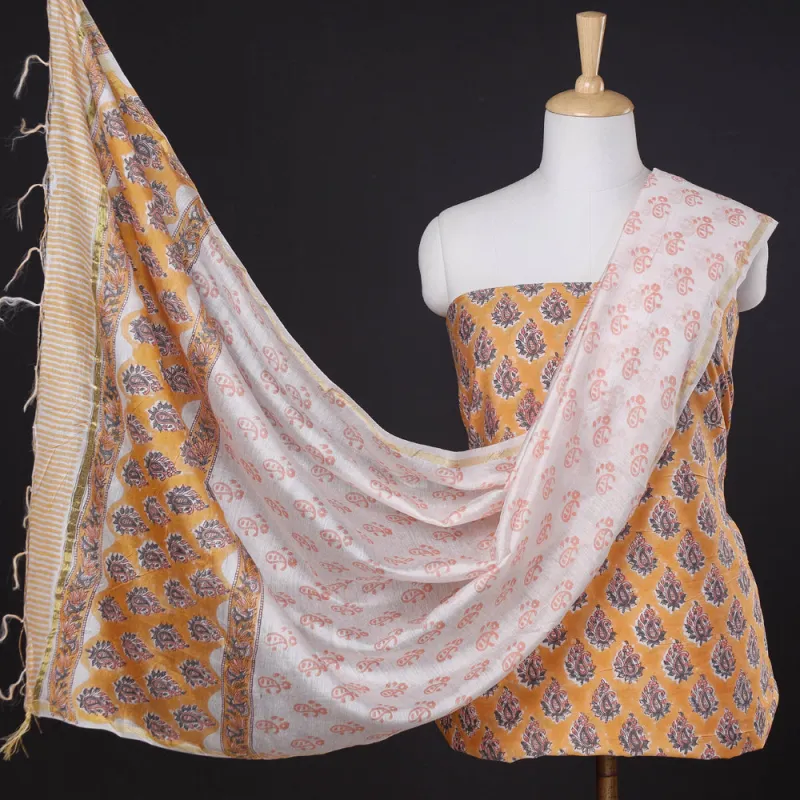 Orange - 3pc Sanganeri Block Printed Chanderi Silk Unstitched Suit Material Set made by Itokri