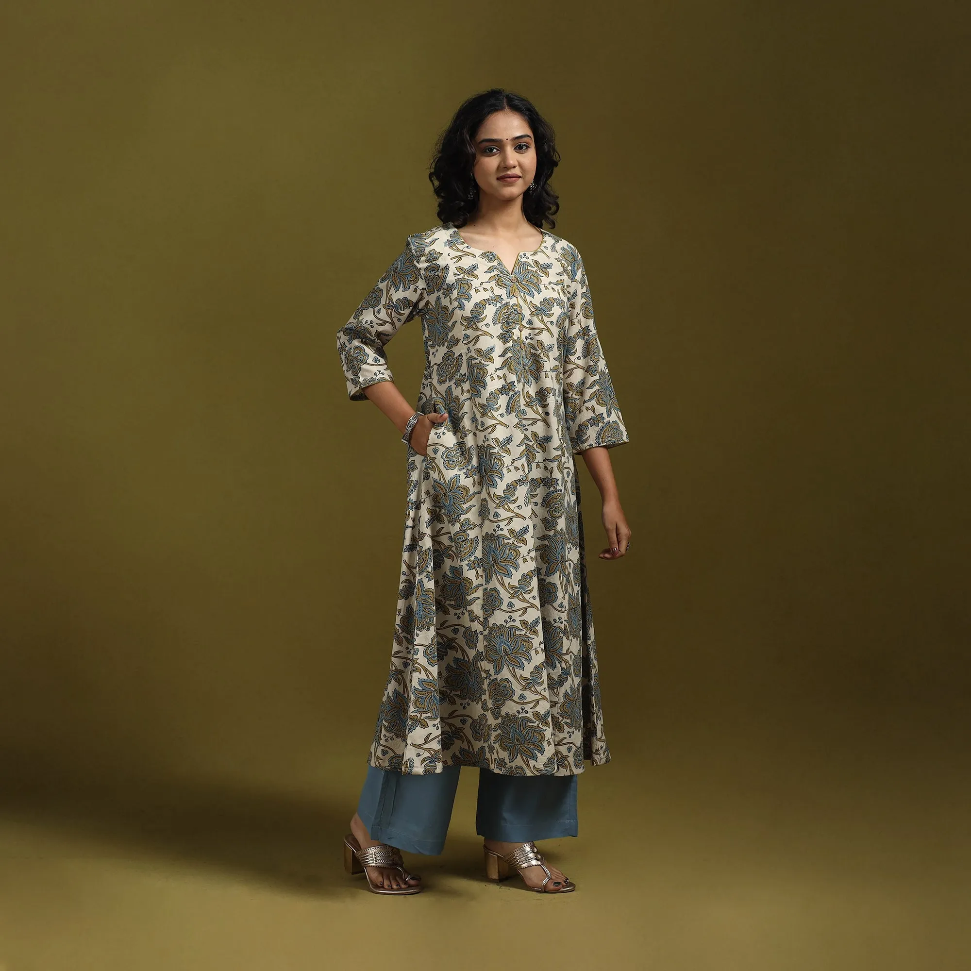 Beige - Natural Dyed Cotton Block Print A-Line Ajrakh Kurta for women 16 sold by Itokri product image thumbnail 2