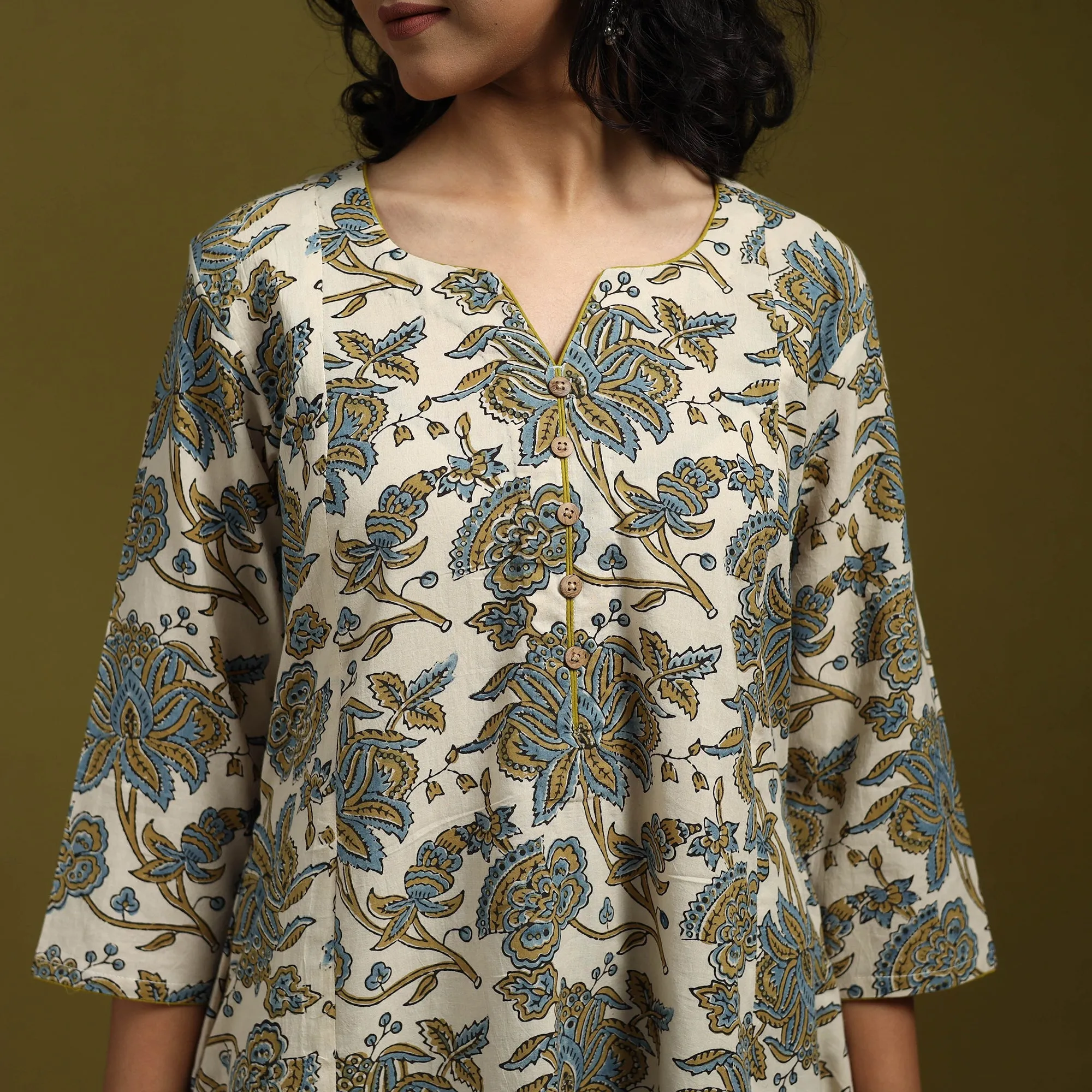 Beige - Natural Dyed Cotton Block Print A-Line Ajrakh Kurta for women 16 sold by Itokri product image thumbnail 4