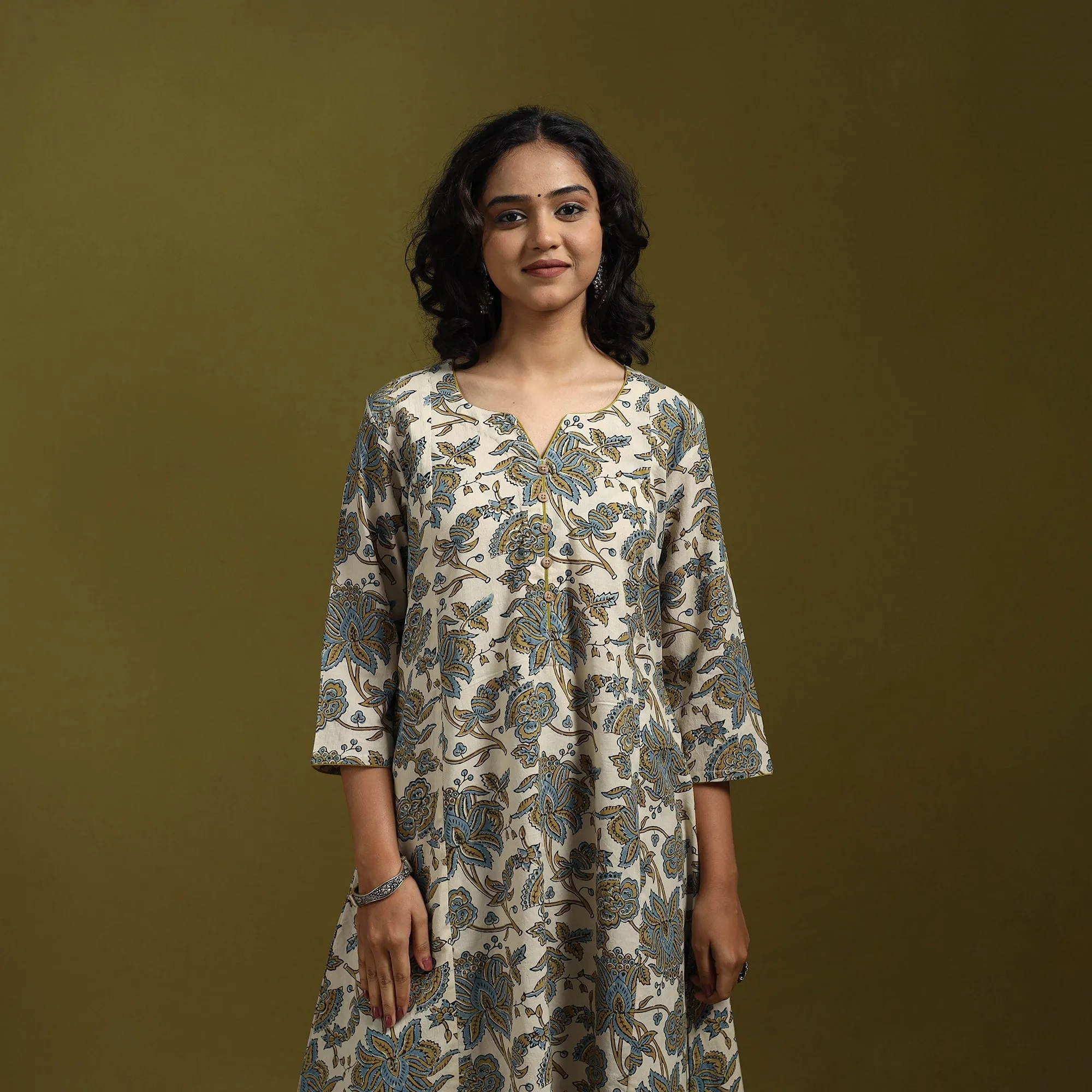 Beige - Natural Dyed Cotton Block Print A-Line Ajrakh Kurta for women 16 sold by Itokri product image thumbnail 3