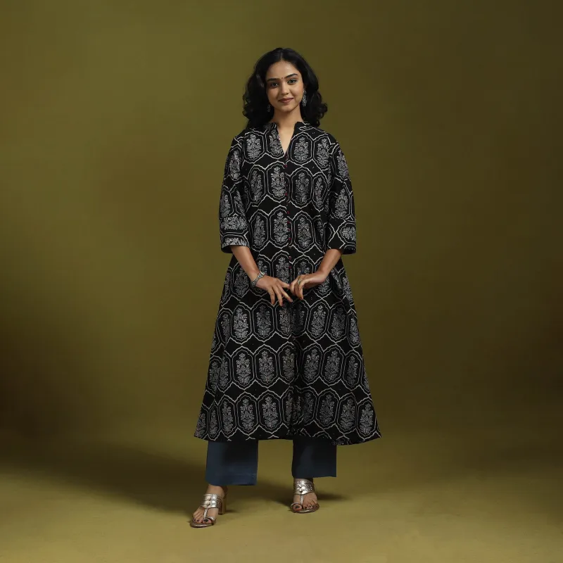 Black - Natural Dyed Cotton Block Print A-Line Ajrakh Kurta for women 13 sold by Itokri