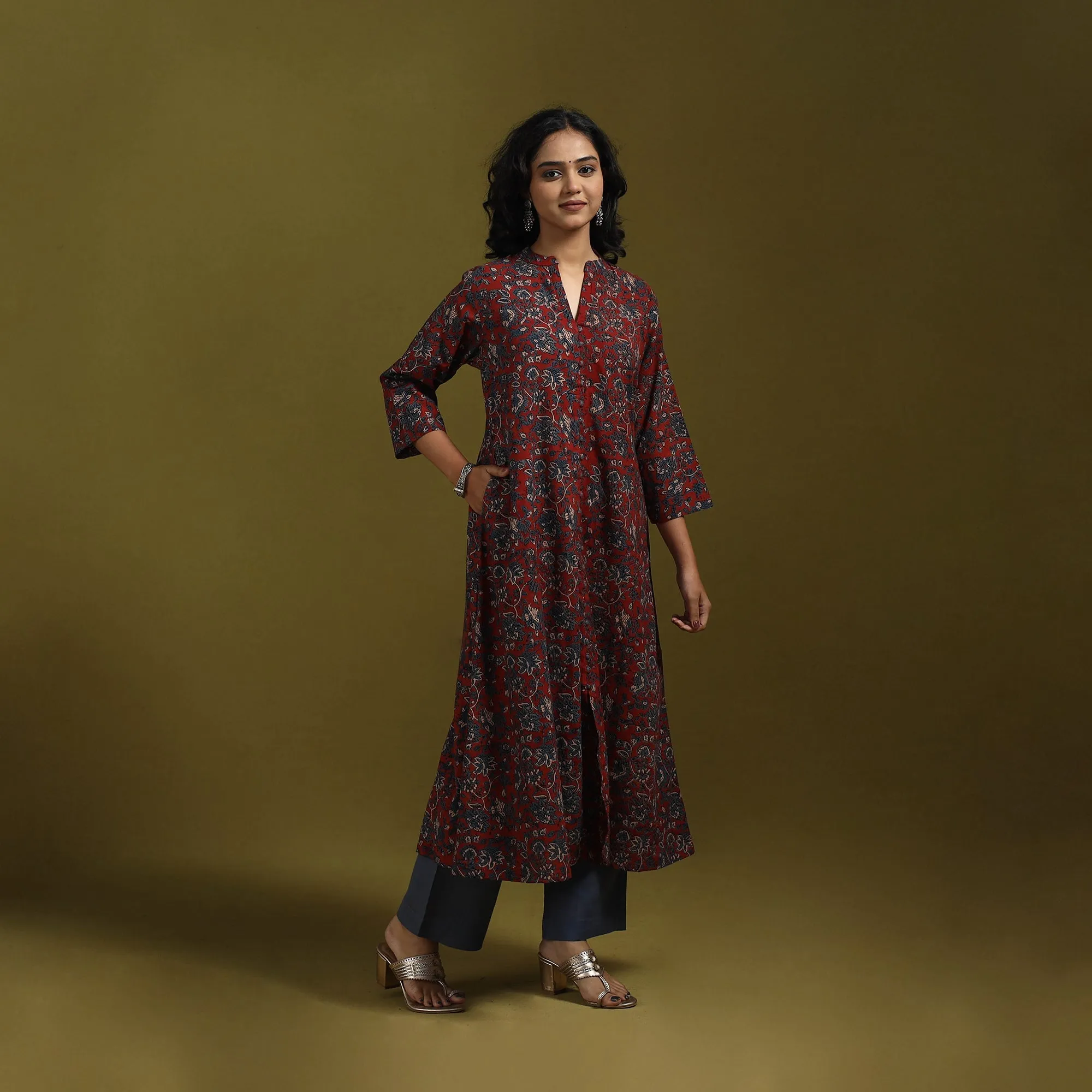 Red - Natural Dyed Cotton Block Print A-Line Ajrakh Kurta for women 10 sold by Itokri product image thumbnail 2