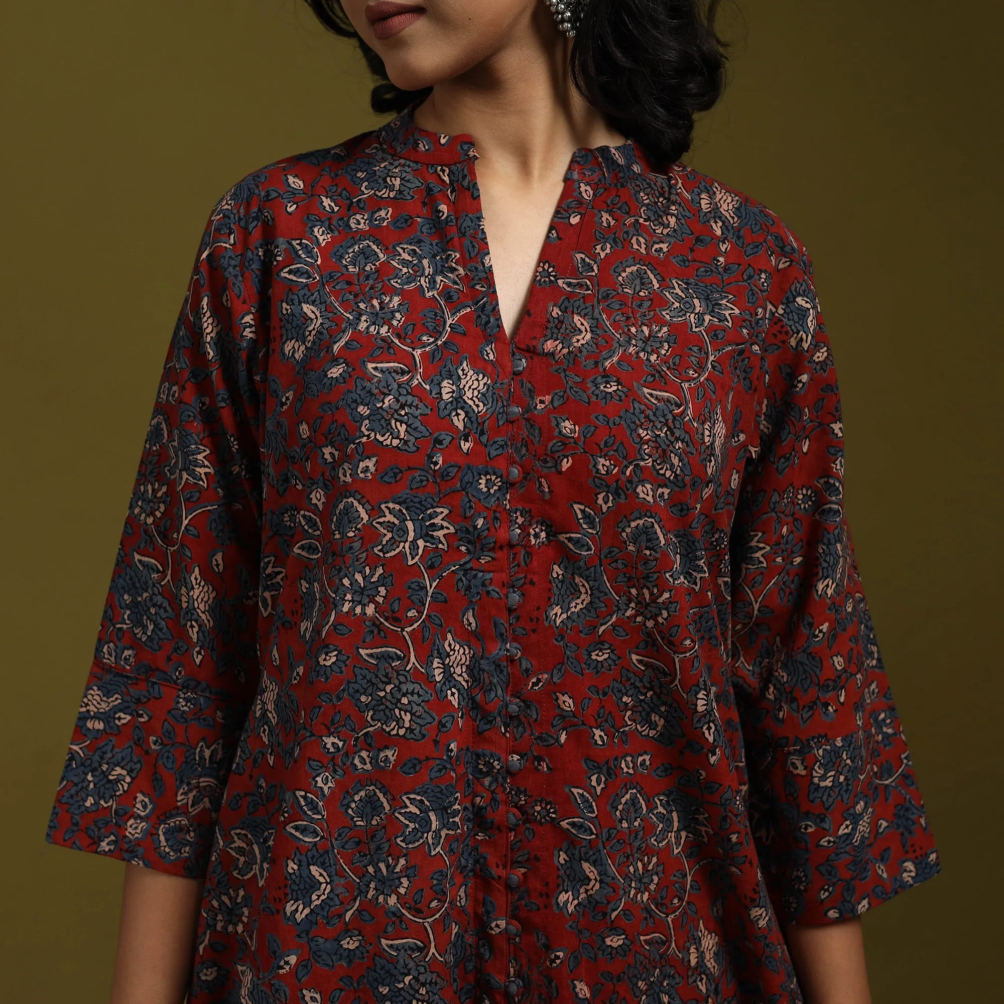 Red - Natural Dyed Cotton Block Print A-Line Ajrakh Kurta for women 10 sold by Itokri product image thumbnail 4