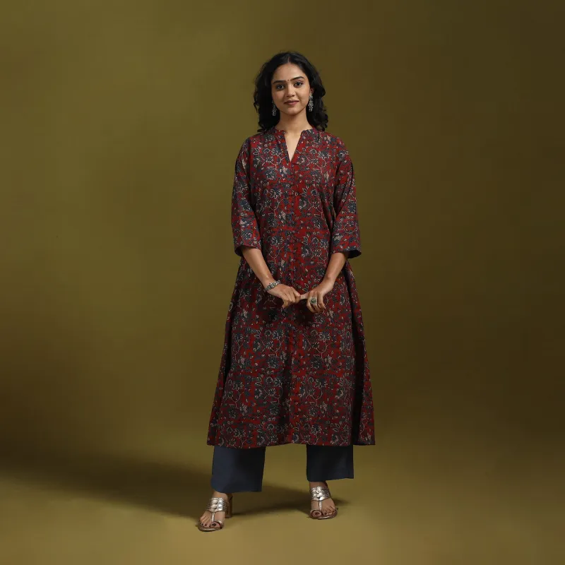 Red - Natural Dyed Cotton Block Print A-Line Ajrakh Kurta for women 10 sold by Itokri