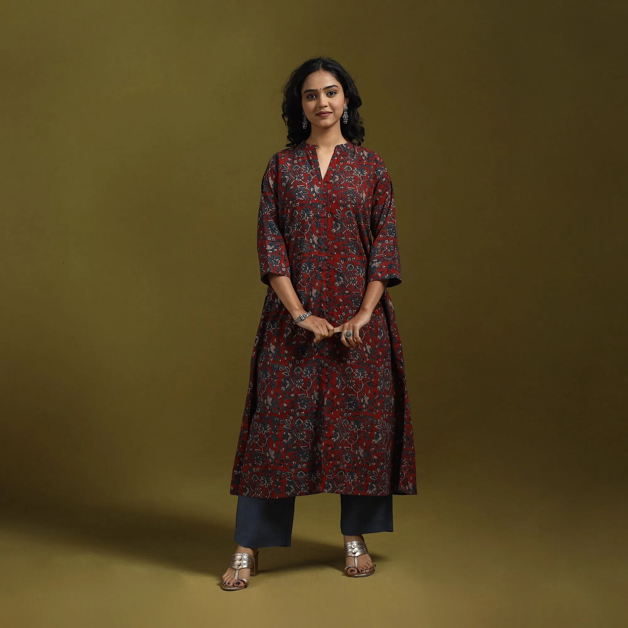 Red - Natural Dyed Cotton Block Print A-Line Ajrakh Kurta for women 10 sold by Itokri