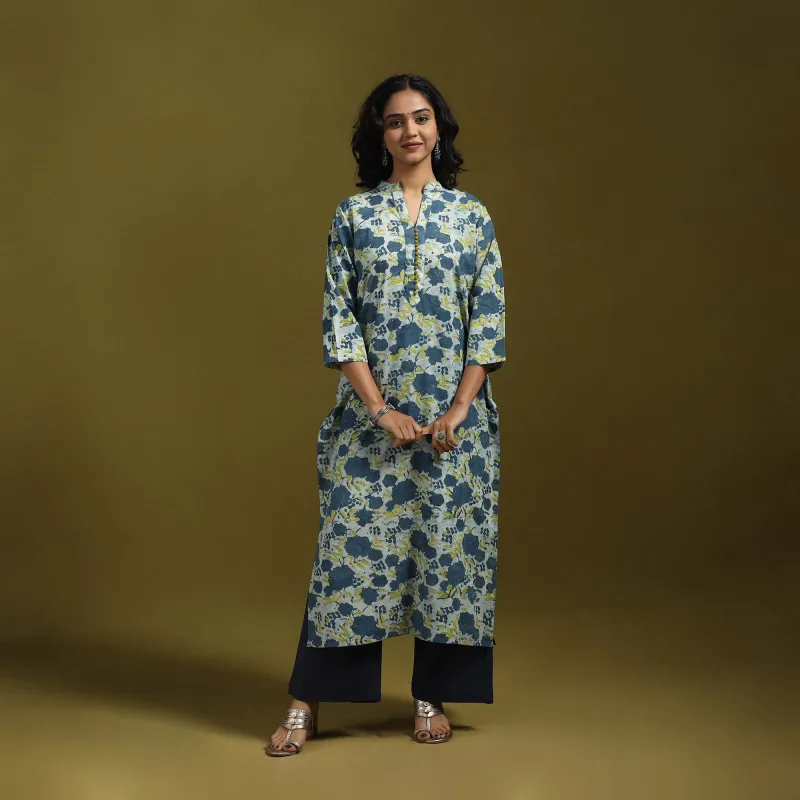 Blue - Natural Dyed Cotton Block Print Straight Ajrakh Kurta for women 09 sold by Itokri