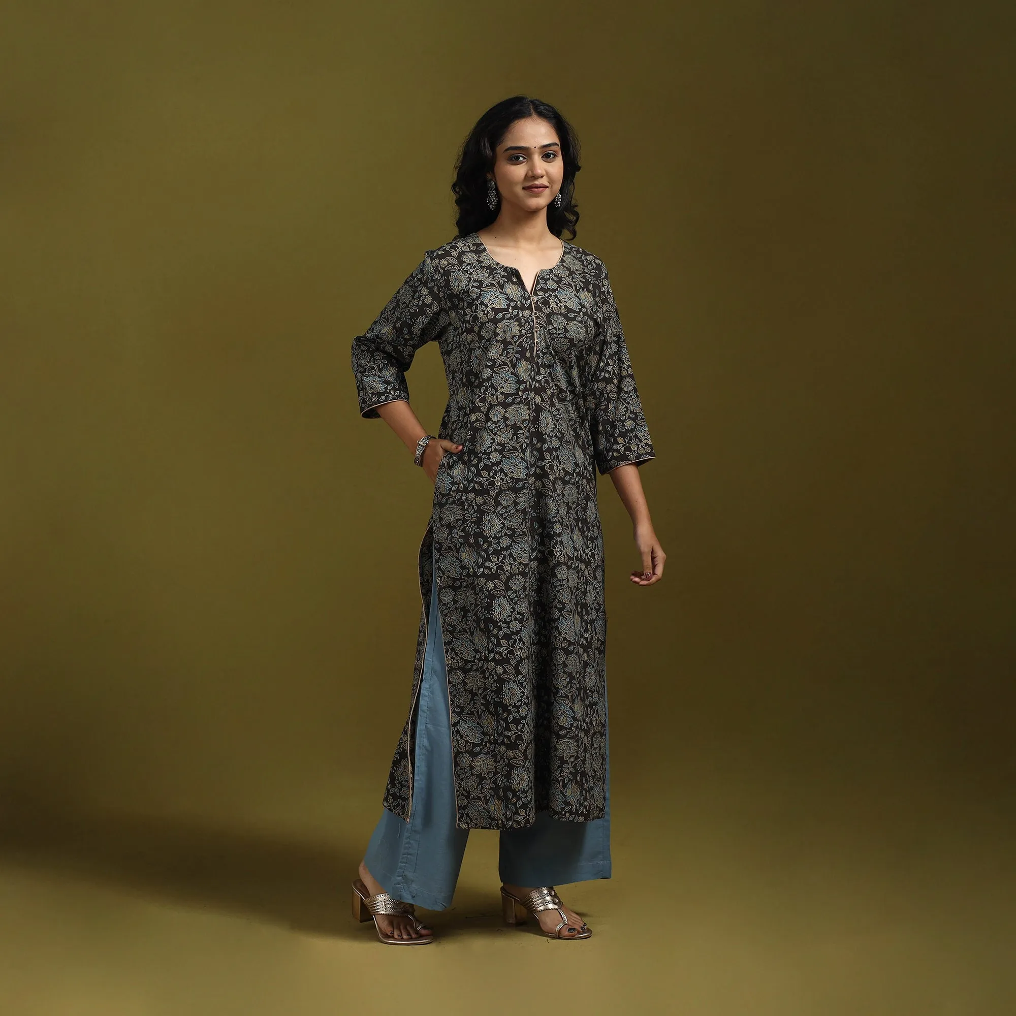 Black - Natural Dyed Cotton Block Print Straight Ajrakh Kurta for women 04 sold by Itokri product image thumbnail 2