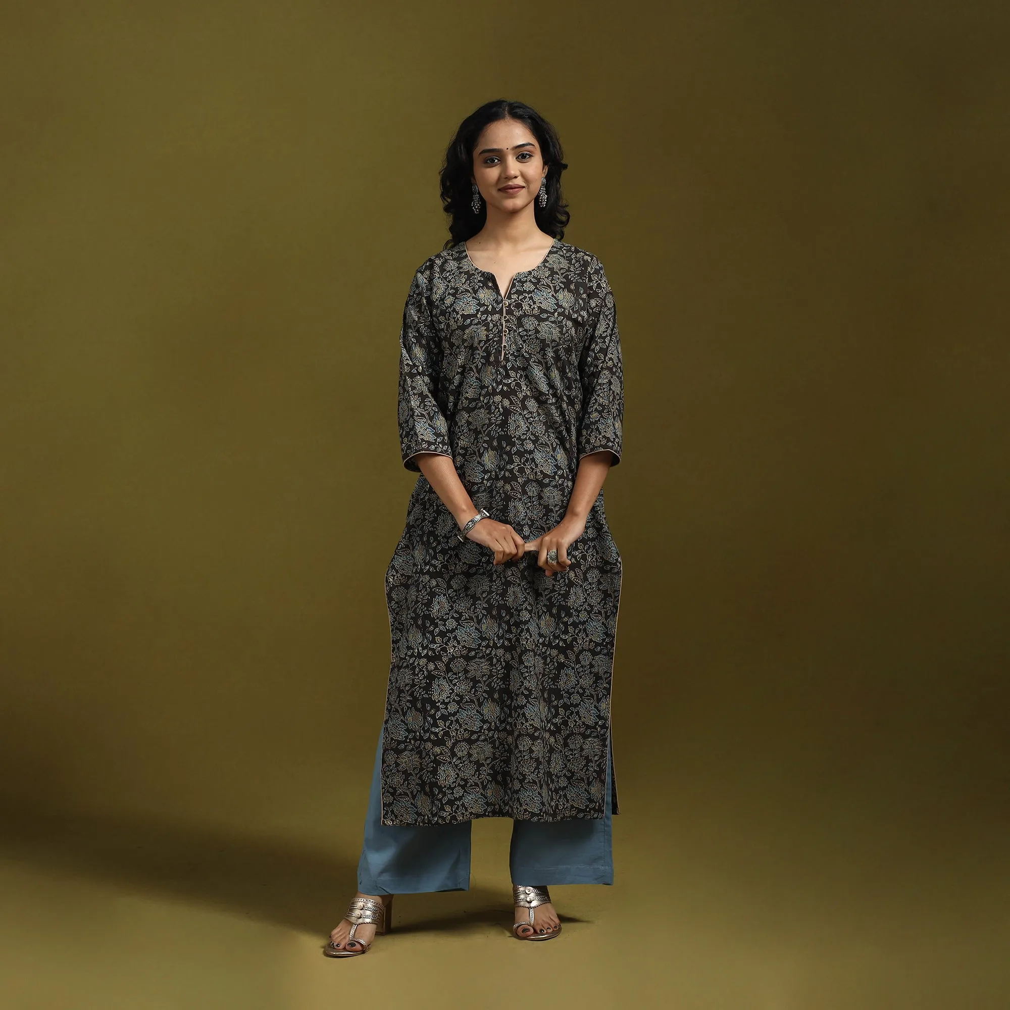 Black - Natural Dyed Cotton Block Print Straight Ajrakh Kurta for women 04 sold by Itokri