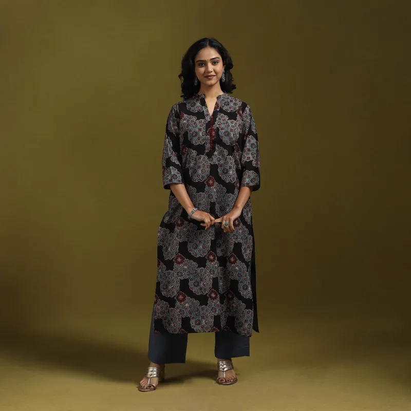 Black - Natural Dyed Cotton Block Print Straight Ajrakh Kurta for women 02 sold by Itokri