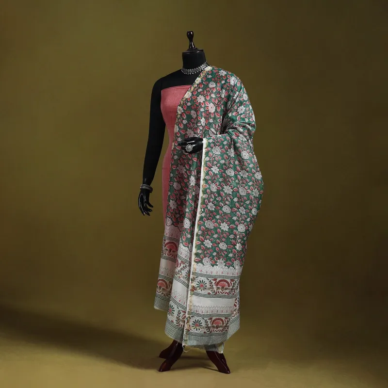 Green - Handloom Chanderi Silk Hand Block Sanganeri Print Dupatta 15 made by Itokri