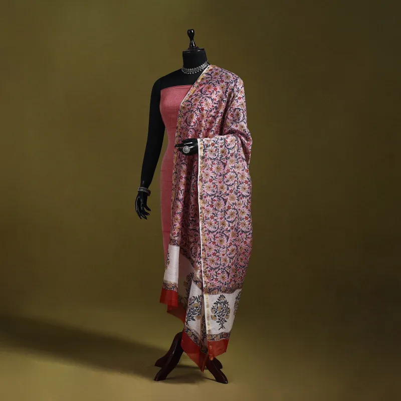 Pink - Handloom Chanderi Silk Hand Block Sanganeri Print Dupatta 49 made by Itokri