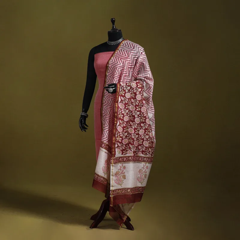 Maroon - Handloom Chanderi Silk Hand Block Sanganeri Print Dupatta 33 sold by Itokri