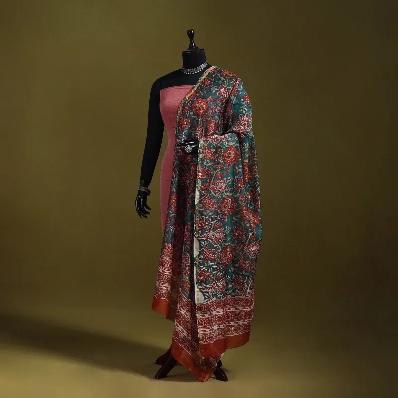Green - Handloom Chanderi Silk Hand Block Sanganeri Print Dupatta 32 sold by Itokri