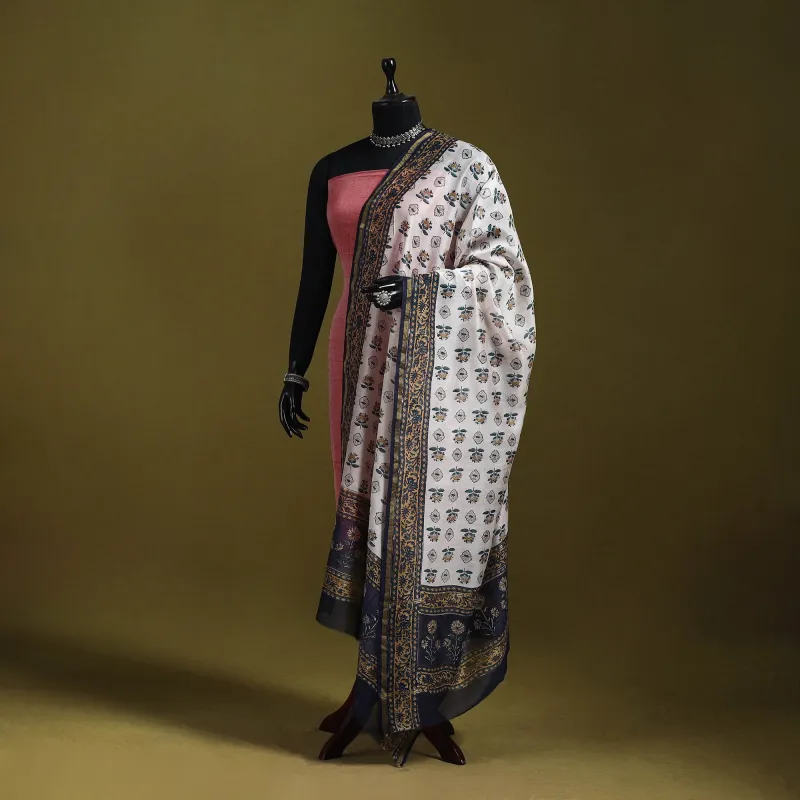 White - Handloom Chanderi Silk Hand Block Sanganeri Print Dupatta 38 made by Itokri