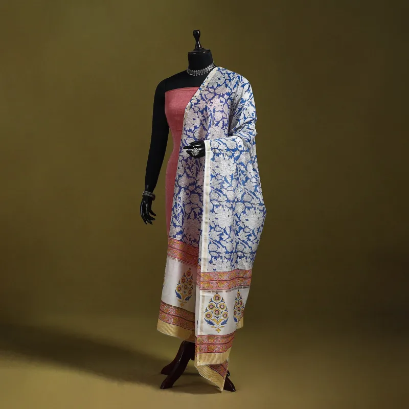 Blue - Handloom Chanderi Silk Hand Block Sanganeri Print Dupatta 13 sold by Itokri