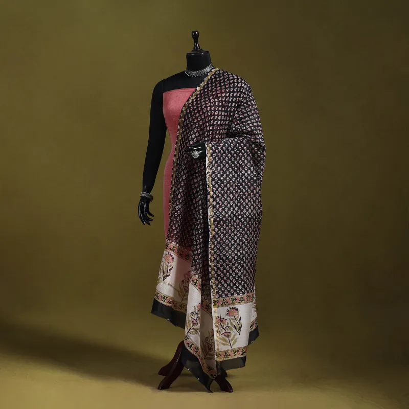 Black - Handloom Chanderi Silk Hand Block Sanganeri Print Dupatta 26 made by Itokri