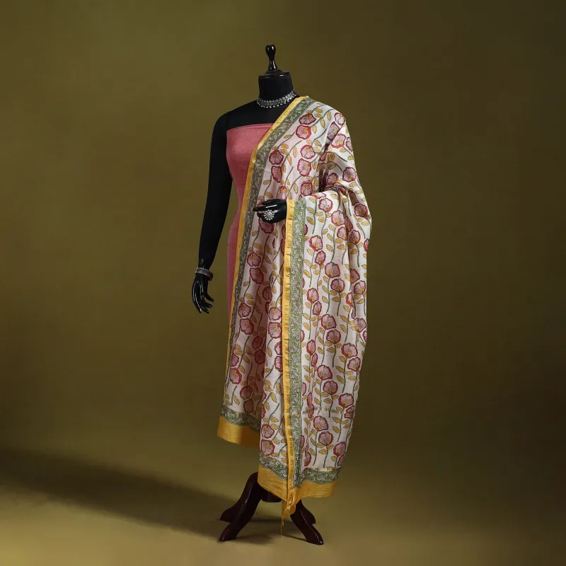 Yellow - Handloom Chanderi Silk Hand Block Sanganeri Print Dupatta 27 made by Itokri