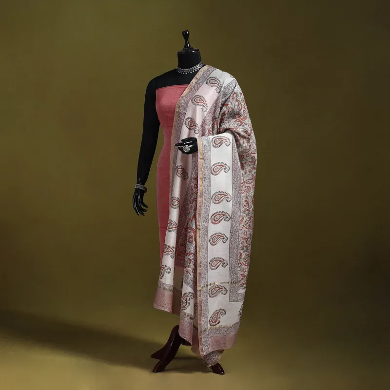 Brown - Handloom Chanderi Silk Hand Block Sanganeri Print Dupatta 42 sold by Itokri