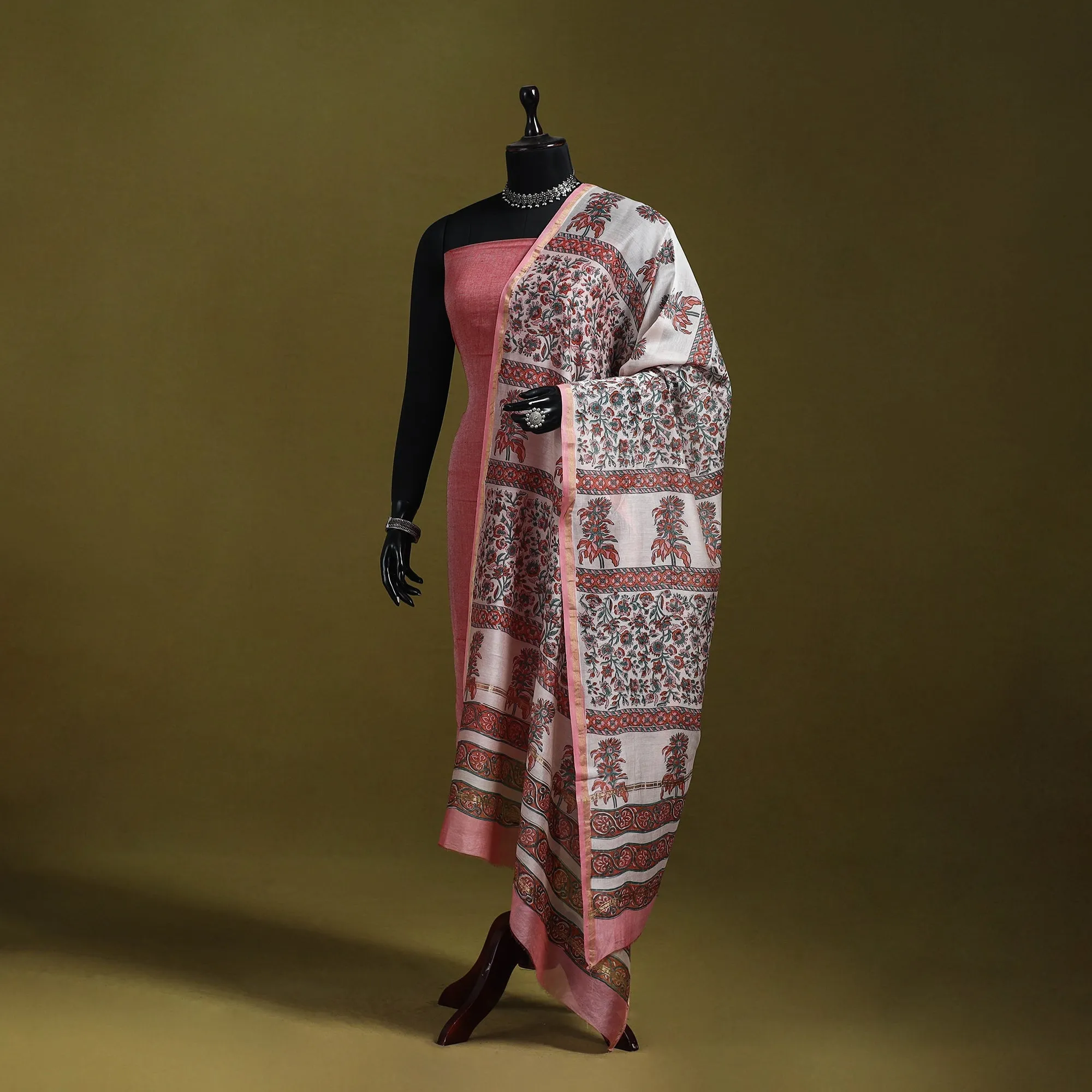 Pink - Handloom Chanderi Silk Hand Block Sanganeri Print Dupatta 36 sold by Itokri