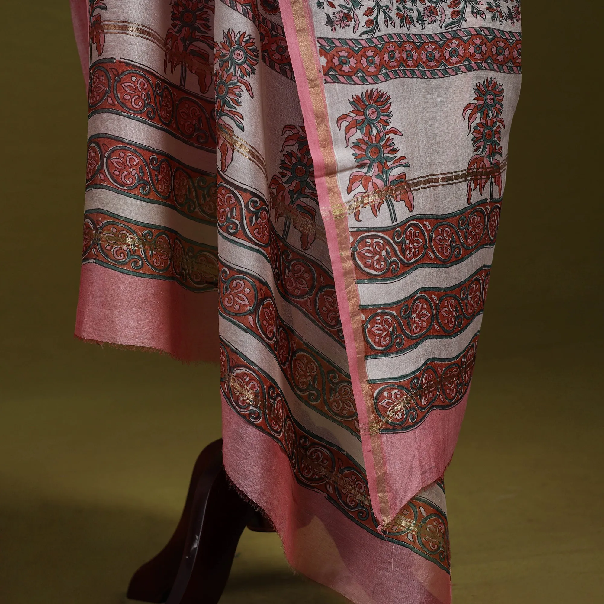 Pink - Handloom Chanderi Silk Hand Block Sanganeri Print Dupatta 36 sold by Itokri product image thumbnail 4