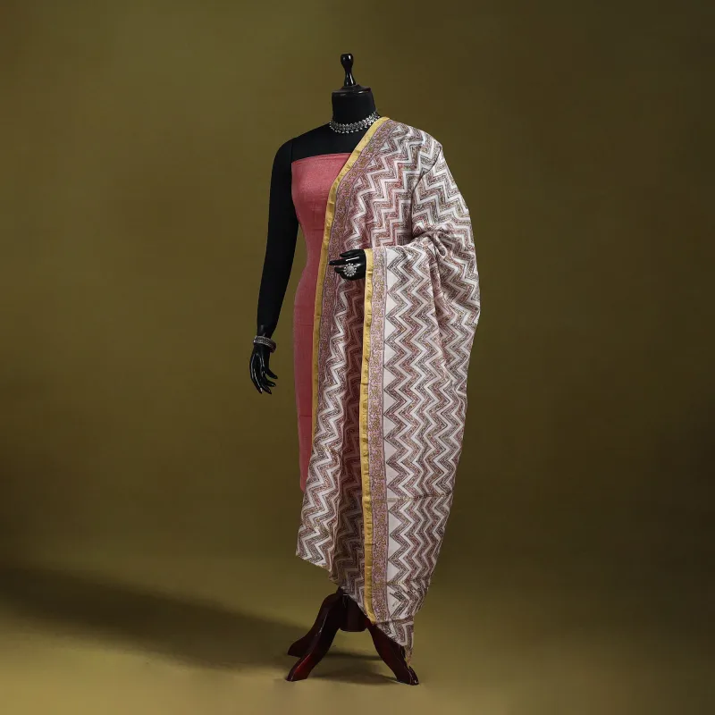 Brown - Handloom Chanderi Silk Hand Block Sanganeri Print Dupatta 34 sold by Itokri
