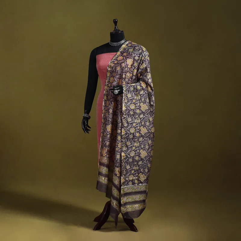 Brown - Handloom Chanderi Silk Hand Block Sanganeri Print Dupatta 37 made by Itokri