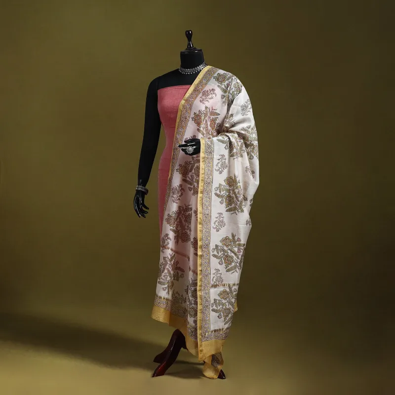 White - Handloom Chanderi Silk Hand Block Sanganeri Print Dupatta 51 sold by Itokri