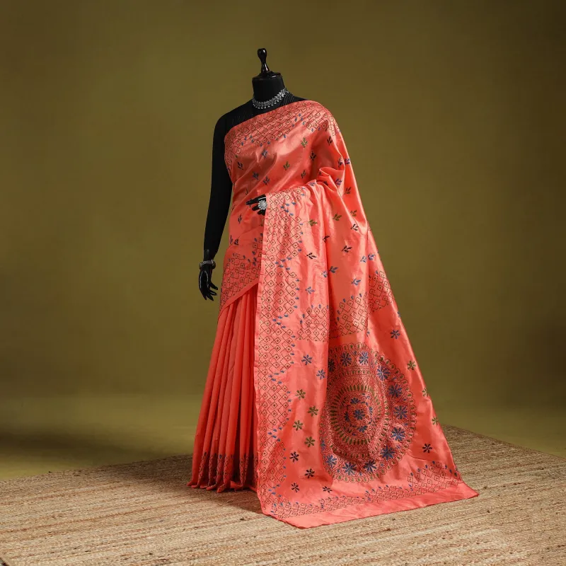 Orange - Bengal Hand Embroidery Silk Nakshi Kantha Saree 24 sold by Itokri