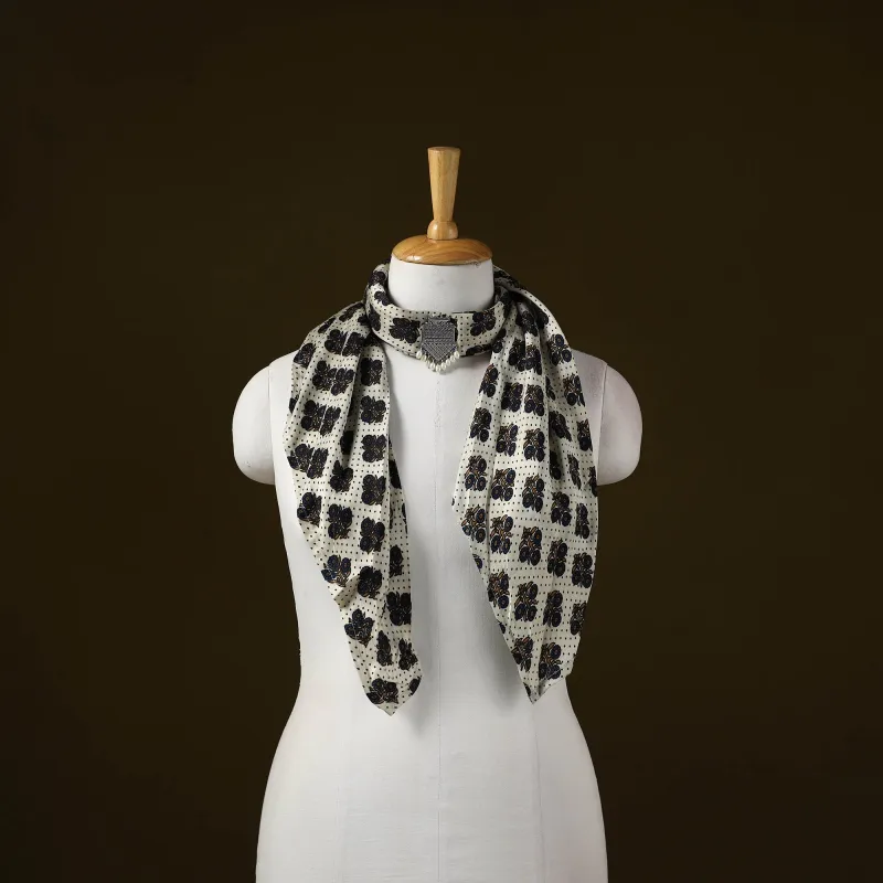 White - Ajrakh Block Print Modal Silk Brooch Scarf 48 sold by Itokri