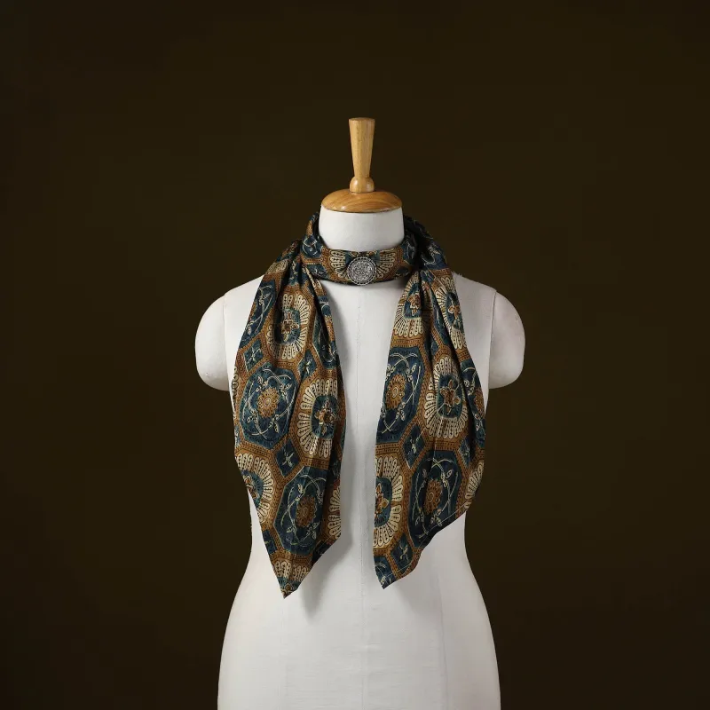 Yellow - Ajrakh Block Print Modal Silk Brooch Scarf 43 made by Itokri