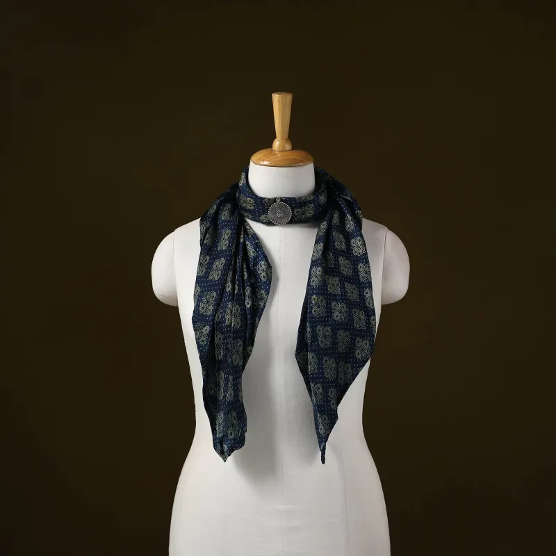 Blue - Ajrakh Block Print Modal Silk Brooch Scarf 42 sold by Itokri