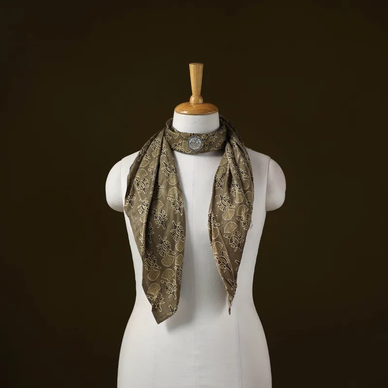 Brown - Ajrakh Block Print Modal Silk Brooch Scarf 38 made by Itokri