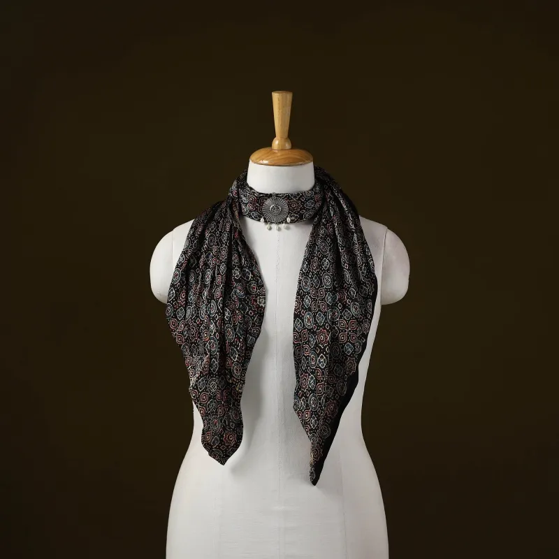 Black - Ajrakh Block Print Modal Silk Brooch Scarf 37 sold by Itokri
